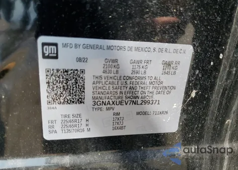 2022 Chevrolet Equinox Lt z USA, uszkodzony, nr VIN 3GNAXUEV7NL299371